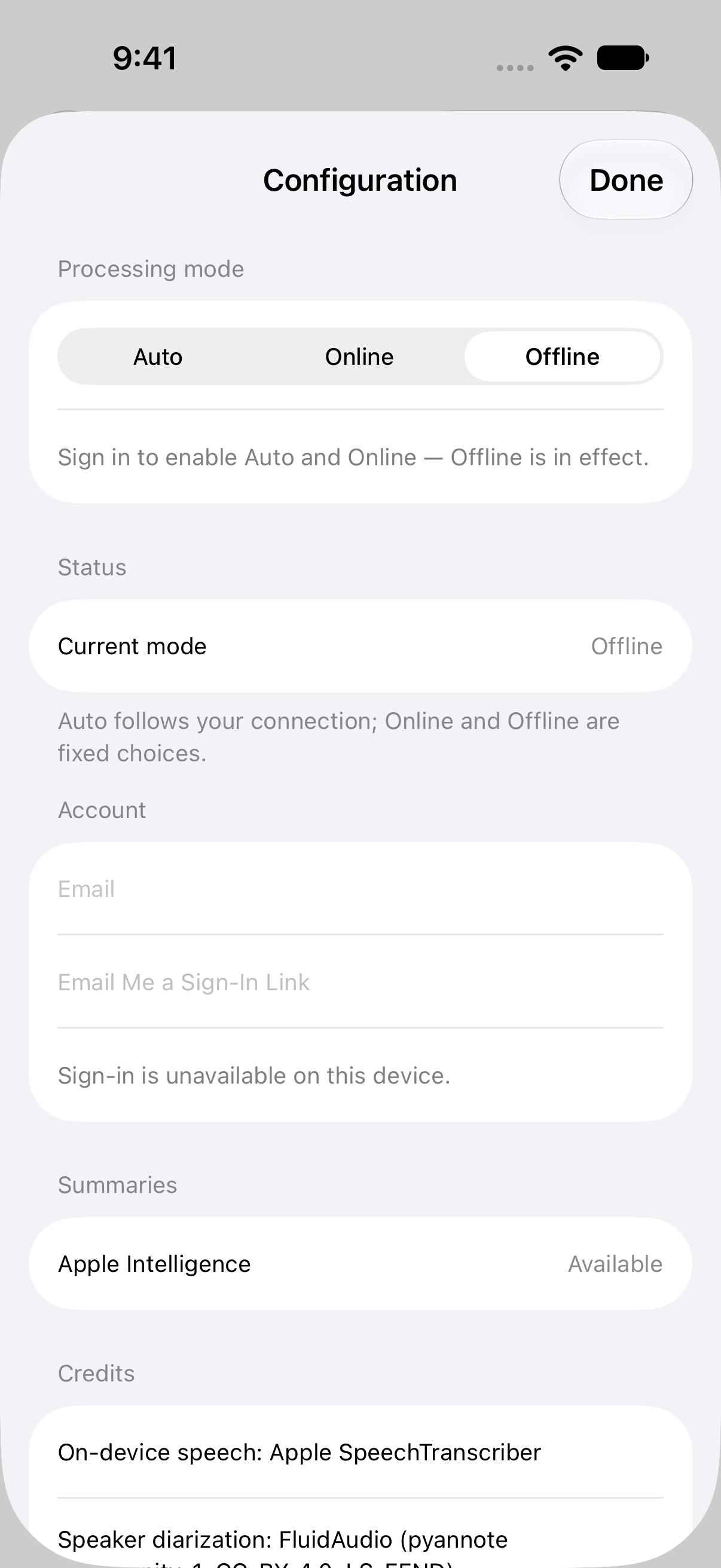 Configuration screen with Auto, Online and Offline modes