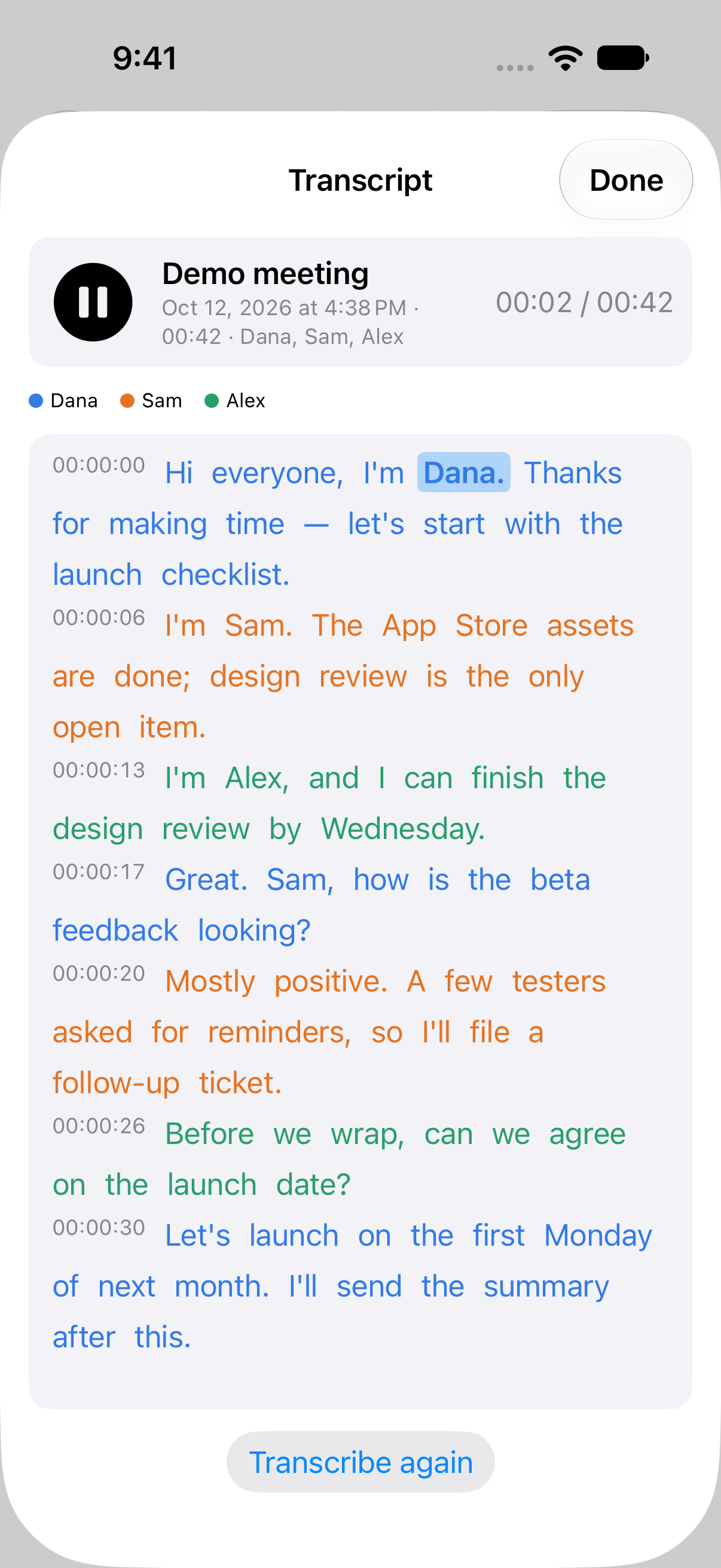 Transcript with the word under the playhead highlighted