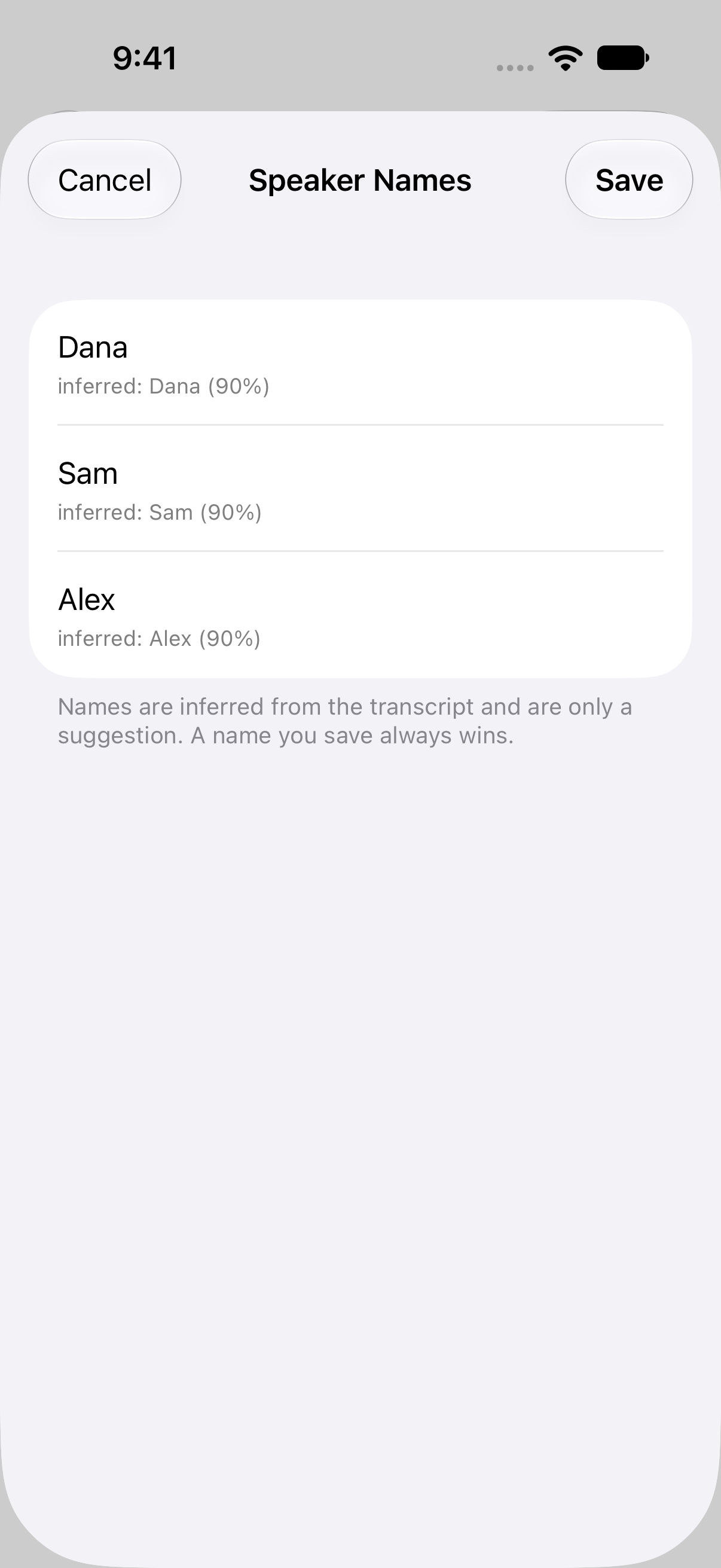 Speaker names editor with Dana, Sam and Alex